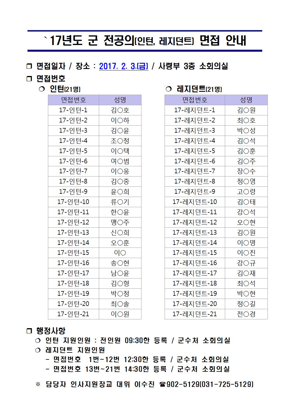 `17년도 군 전공의(인턴, 레지던트) 선발 면접 안내