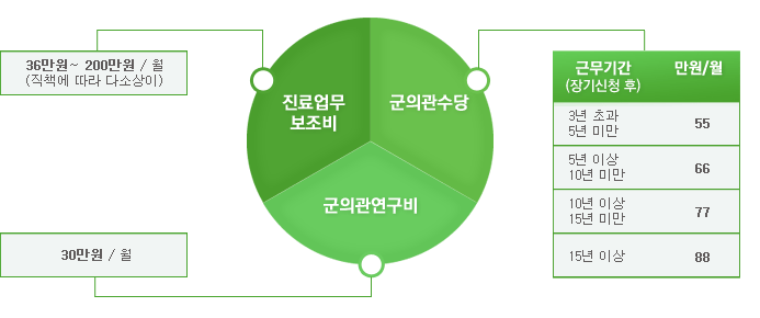 진료업무보조비:월30만원
군의관연구비 : 월30만원
군의관수당:3~5년 월55만원, 5~10년 월66만원,10~15년 월77만원, 15이상 월88만원